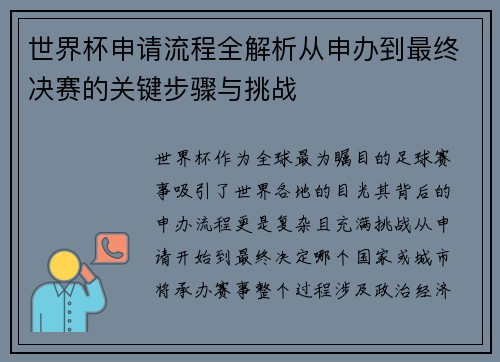 世界杯申请流程全解析从申办到最终决赛的关键步骤与挑战