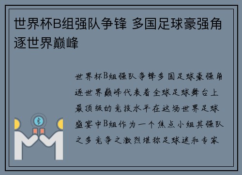 世界杯B组强队争锋 多国足球豪强角逐世界巅峰