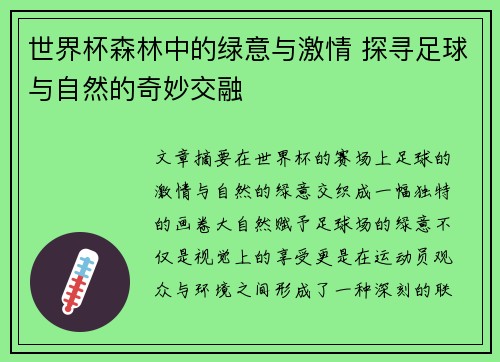 世界杯森林中的绿意与激情 探寻足球与自然的奇妙交融