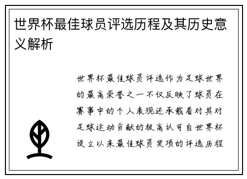 世界杯最佳球员评选历程及其历史意义解析