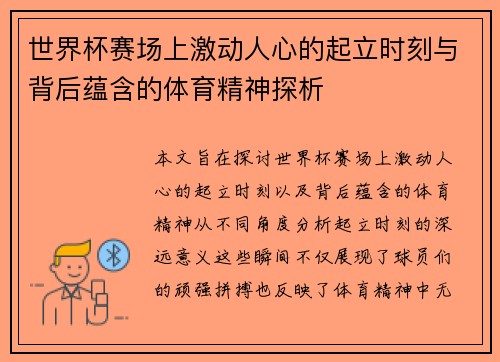 世界杯赛场上激动人心的起立时刻与背后蕴含的体育精神探析